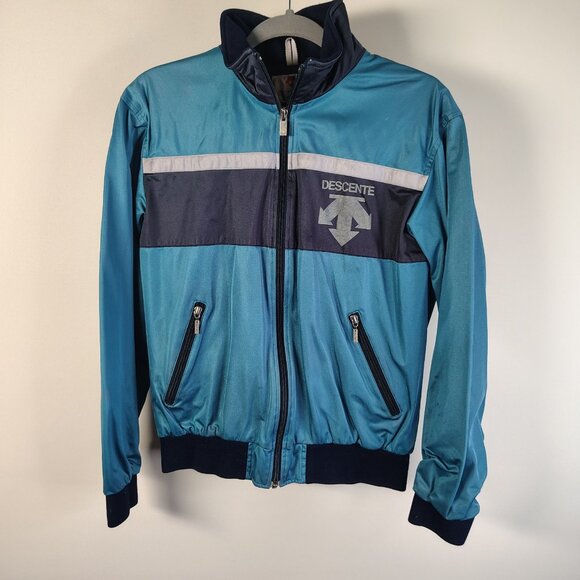 VINTAGE 90s Descente Jacket Size Small Teal Navy Retro Nylon Track Bomber Full Z - Picture 1 of 16